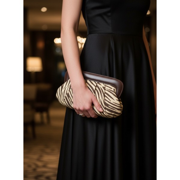 Evening Bag - Pleated Zebra Print w/ Leather Like Frame - Brown - BG-92089BR